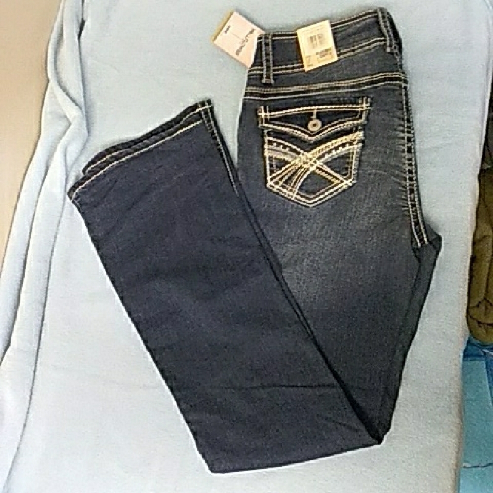 WallFlower NWT Embellished Flap Pocket Bootcut Jeans Thick Stitch Blue